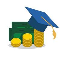 Educación y dinero, sombrero de graduación y monedas concepto de efectivo ilustración vectorial plana vector