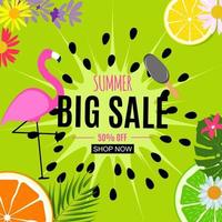 Abstract Summer Sale Background with Palm Leaves and Flamingo. Vector Illustration