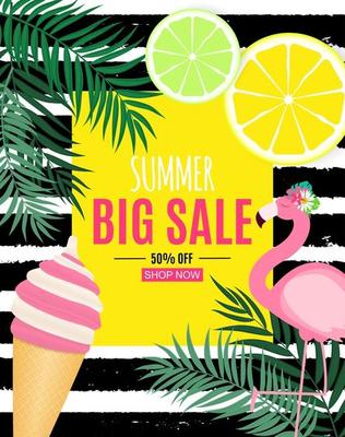 Abstract Summer Sale Background with Palm Leaves, flamingo and Ice Cream. Vector Illustration
