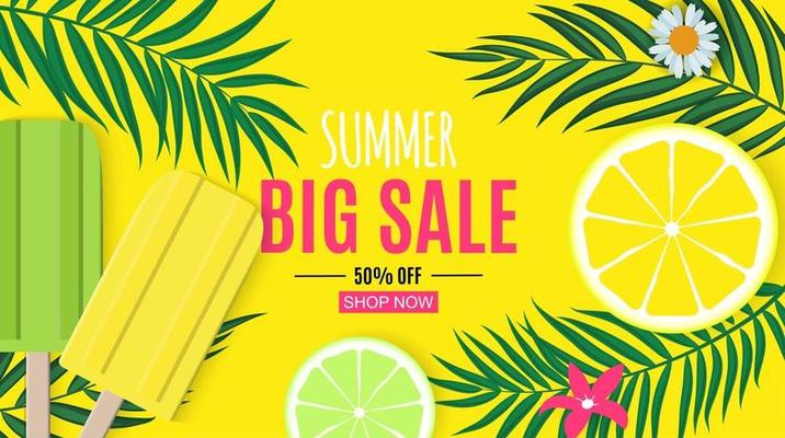 Abstract Summer Sale Background with Palm Leaves and Ice Cream. Vector Illustration