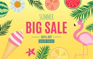 Abstract Summer Sale Background with Palm Leaves, Watermelon, Ice Cream and Flamingo. Vector Illustration