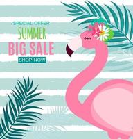 Abstract Summer Sale Background with Flamingo and Palm Leaves. Vector Illustration