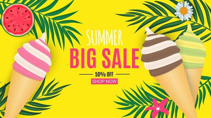 Abstract Summer Sale Background with Palm Leaves and Ice Cream. Vector Illustration