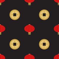Flat red hanging Chinese lantern with golden coin seamless pattern background for Chinese New Year celebration. Vector Illustration EPS10