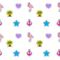 Seamless pattern with anchor, heart, flamingo and coconut palm tree island. Tropical wallpaper background. Vector Illustration