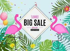 Abstract Summer Sale Background with Palm Leaves and Flamingo. Vector Illustration