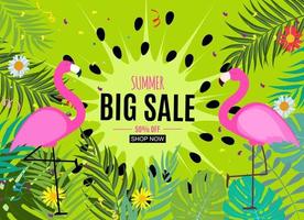 Abstract Summer Sale Background with Palm Leaves and Flamingo. Vector Illustration