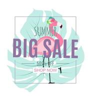 Abstract Summer Sale Background with Palm Leaves and Flamingo. Vector Illustration