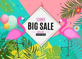 Abstract Summer Sale Background with Palm Leaves and Flamingo. Vector Illustration