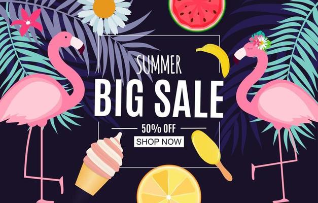 Abstract Summer Sale Background with Palm Leaves, Watermelon, Ice Cream and Flamingo. Vector Illustration
