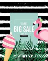 Abstract Summer Sale Background with Palm Leaves and Flamingo. Vector Illustration