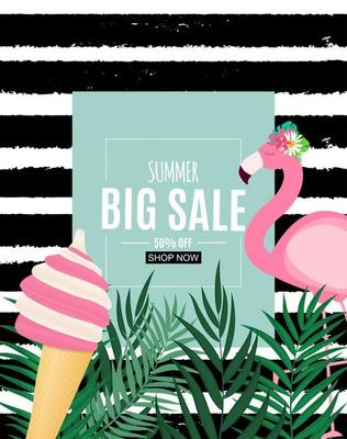 Abstract Summer Sale Background with Palm Leaves and Flamingo. Vector Illustration