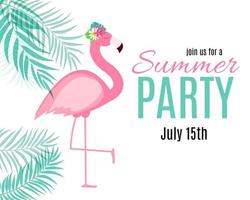 Abstract Summer Party Background with Palm Leaves and Flamingo. Vector Illustration