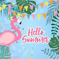 Cute Pink Flamingo Hello Summer Background Vector Illustration