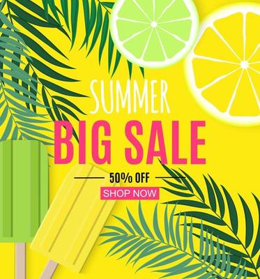 Abstract Summer Sale Background with Palm Leaves and Ice Cream. Vector Illustration