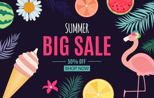 Abstract Summer Sale Background with Palm Leaves, Watermelon, Ice Cream and Flamingo. Vector Illustration