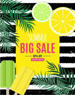 Abstract Summer Sale Background with Palm Leaves and Ice Cream. Vector Illustration