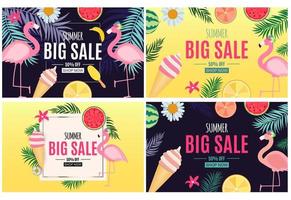 Abstract Summer Sale Background with Palm Leaves, flamingo and Ice Cream Collection Set. Vector Illustration