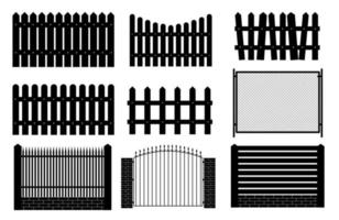 Collection Set of fences, pickets silhouettes for garden background. Vector Illustration