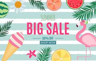 Abstract Summer Sale Background with Palm Leaves, Watermelon, Ice Cream and Flamingo. Vector Illustration