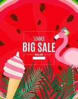 Abstract Summer Sale Background with Palm Leaves and Flamingo. Vector Illustration