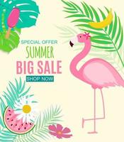 Abstract Summer Sale Background with Palm Leaves and Flamingo. Vector Illustration