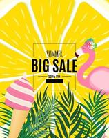 Abstract Summer Sale Background with Palm Leaves and Flamingo. Vector Illustration