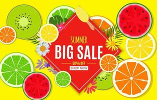 Abstract Summer Sale Background with Fresh Fruits. Vector Illustration