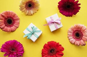 Gerbera flowers and gift boxes on a yellow photo