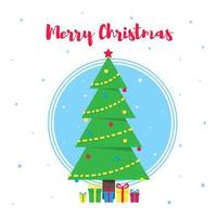 Postal de felicitación de feliz Navidad con abeto de Navidad y texto estilo plano ilustración vectorial. Celebrando la tarjeta de Navidad y feliz año nuevo con regalos y árbol aislado sobre fondo de copos de nieve. vector
