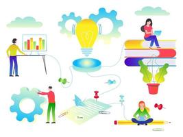 People work together for idea flat style vector illustration. Concept of idea growing, teamwork and business constraction and analitics. Education workplace things gradient isolated background version