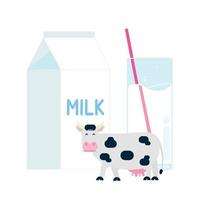 Diary product milk pack with cow in the circle and glass of milk with straw flat style design vector illustration isolated on white background. Minimalistic flat design box package of milk and glass