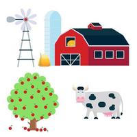 Landscape scene elements with black white spotted cow stand with grass mouth, red barn, silo, haystack and fruit tree set flat style vector illustration isolated on white background.