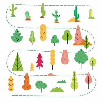 Plants and trees flat style abstract minimal set. Simmple design version of plants in the forest, garden or desert scene creator vector illustration isplated on white background
