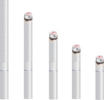 Realistic design of 5 various sizes of white cigarette. Burning and no burning 3d design style vector illustration isolated on white background.