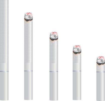 Realistic design of 5 various sizes of white cigarette. Burning and no burning 3d design style vector illustration isolated on white background.