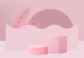 3d background products display podium scene with green leaf geometric platform. background vector 3d render with podium. stand to show cosmetic products. Stage showcase on pedestal display pink studio