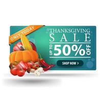 Thanksgiving sale, up to 50 off, horizontal 3D web banner with autumn harvest. Discount coupon isolated on white background for your arts vector