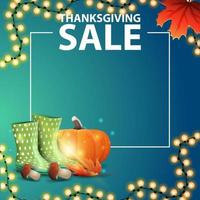 Thanksgiving sale, blue template with place for your text, rubber boots, pumpkin, mushrooms and autumn leaf vector