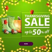 Thanksgiving sale, up to 50 off, square green web banner with autumn leafs and autumn harvest. vector