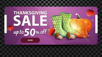 Thanksgiving sale, up to 50 off, horizontal purple web banner with rubber boots, pumpkin, mushrooms and autumn leaf. Discount coupon isolated on black background for your arts vector