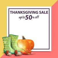 Thanksgiving sale, up to 50 off, square discount web banner with white square paper sheet for your text and autumn harvest vector