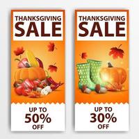 Thanksgiving sale, two vertical orange web banners with up to 50 off and up to 30 off. Discount coupons isolated on white background for your arts vector