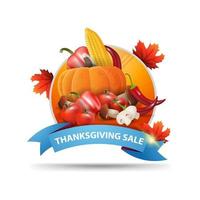 Thanksgiving sale, round web banner with ribbon and autumn harvest. Discount coupon isolated on white background for your arts vector