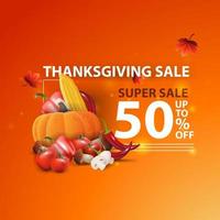 Thanksgiving sale, up to 50 off, modern orange creative 3D web banner with autumn harvest