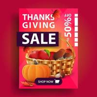 venta de acción de gracias, hasta 50 de descuento, banner de descuento vertical 3d rosa creativo con canasta de frutas y verduras vector