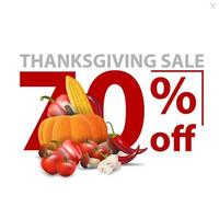 Thanksgiving sale, up to 70 off, white stylish discount banner with large red numbers with autumn harvest vector