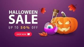 banner de halloween, hasta 50 de descuento, banner de descuento morado con calabaza y poción de bruja. diseño minimalista de banner de descuento. vector