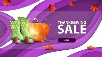 Thanksgiving sale, modern purple web banner in paper cut style for your website with rubber boots, pumpkin, mushrooms and autumn leaf vector