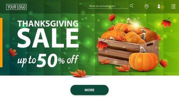 Thanksgiving sale, up to 50 off, modern green horizontal web banner with polygon texture on background with wooden crates of ripe pumpkins and autumn leaves vector